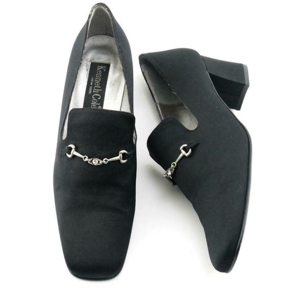 Worn Once Black KENNETH COLE Fabric Pumps Chunky Heels 8 SPAIN Horsebit Buckle - Picture 3 of 4
